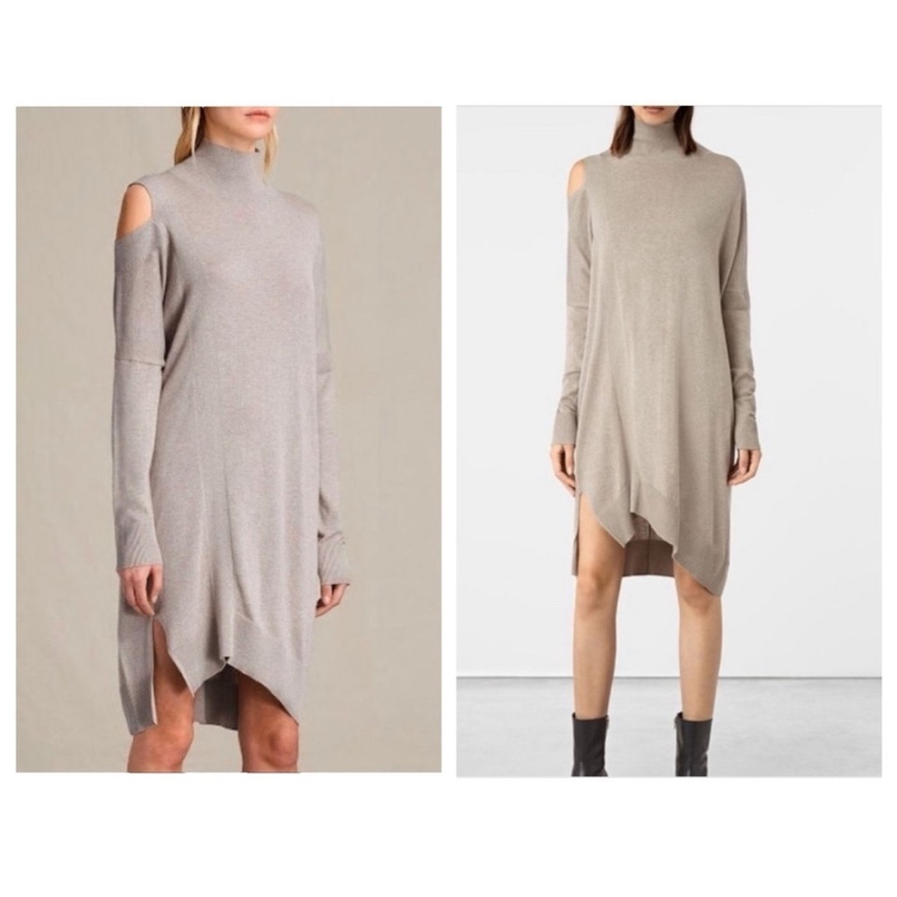 AllSaints Cecily Cold Shoulder Long Sleeve Asymmetrical Hem Dress Taupe Small